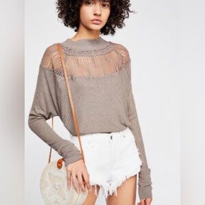 Free People Woman’s Thermal Lace Knit Top Mauve Purple Gray Sweater Waffle Small